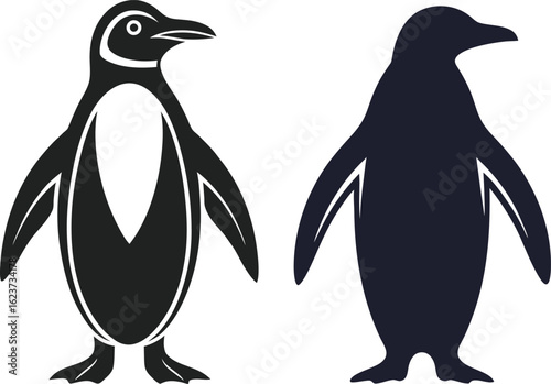 Two penguin silhouettes, one detailed, one solid, on white penguins animals