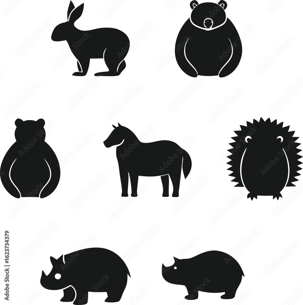 Fototapeta premium Various Black Animal Silhouettes Standing on White Background rabbit bear