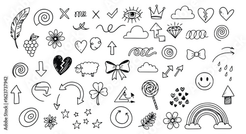 A collection of handdrawn doodle elements including clouds, a bow, and a clover, isolated on a white background doodle style icon set