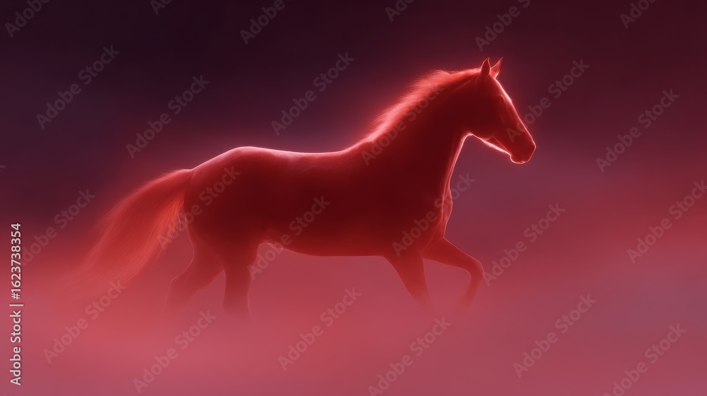 Fototapeta premium This image features a stunning red silhouette of a horse emerging from soft fog. The atmosphere is mystical and enchanting. A perfect choice for art and design projects. AI.