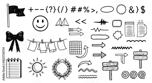 Set of handdrawn directional and geometric icons including arrows, a pyramid, grid, and leaves, isolated on white background doodle style icon set