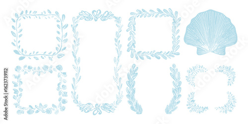 Sea doodle frames set template, hand drawn ocean border decor, marine underwater frame design