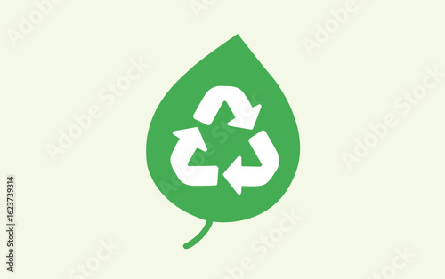 Ilustración vectorial de una hoja verde con el símbolo universal de reciclaje en su interior. Conceptos de ecología, sostenibilidad, medio ambiente, reciclaje y economía circular.
