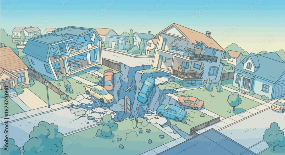 Obraz premium Bird’s-eye view of a massive earthquake fault line tearing through a suburban neighborhood, houses split in half, cars trapped in debris