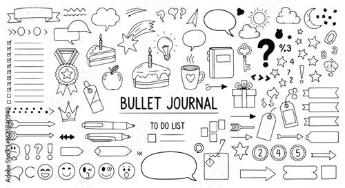 Bullet journal elements including a cake with candle, lightbulb, coffee cup, and todo list, isolated on white background doodle style icon set