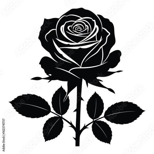 Silhouette black vector vector art of black silhouette of a rose with leaves isolated on white background