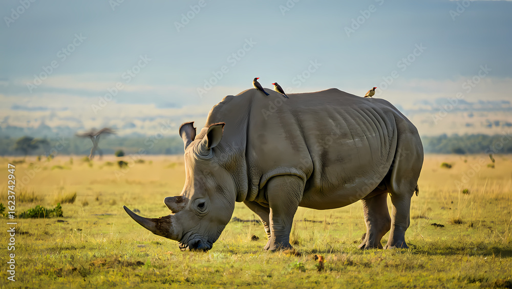 Fototapeta premium Majestic white rhinoceros grazing in african savannah under a cloudy sky