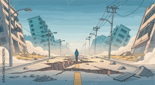 Post-apocalyptic scene after a devastating earthquake, collapsed buildings, cracked roads, dust in the air, rescue teams searching for survivors