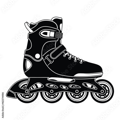 Silhouette black vector vector art of black inline roller skate with four wheels isolated on white background