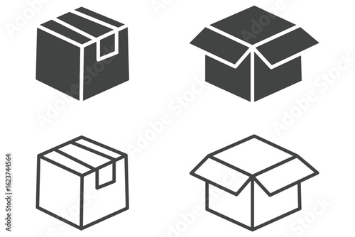 Package box line icon vector set. Containing open cardboard, fast delivery box, container, parcel protection, storage, good packing, Box stack icon. Cargo delivery symbol. Cardboard box parcel storage