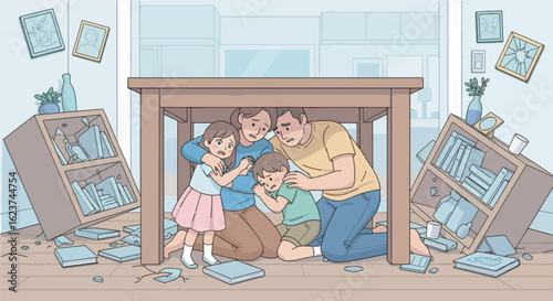 Family huddled together under a table as an earthquake hits their home, shelves falling, framed photos breaking
