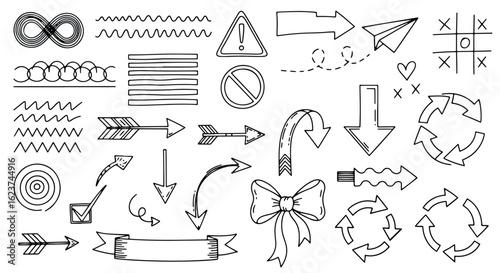 Collection of handdrawn doodles including arrows, a bow, a ribbon, and a prohibition sign, isolated on white background doodle style icon set