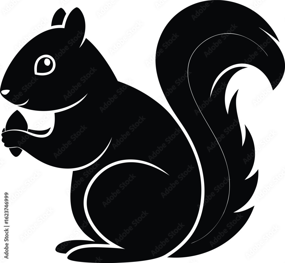 Fototapeta premium Black silhouette of a squirrel holding a nut with a fluffy tail white 1