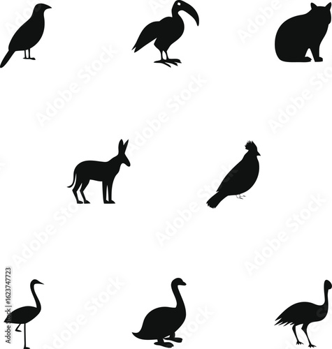 Collection of black animal silhouettes including birds and a cat on white vector