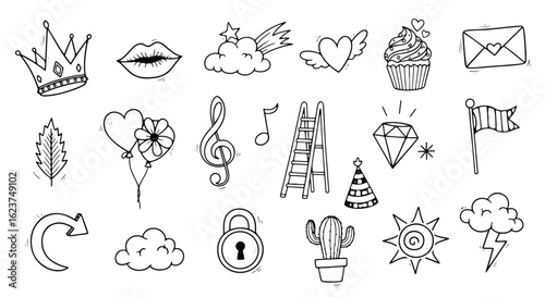 Musical notes and a treble clef alongside a ladder, symbolizing progress and achievement in music, isolated on white background doodle style icon set
