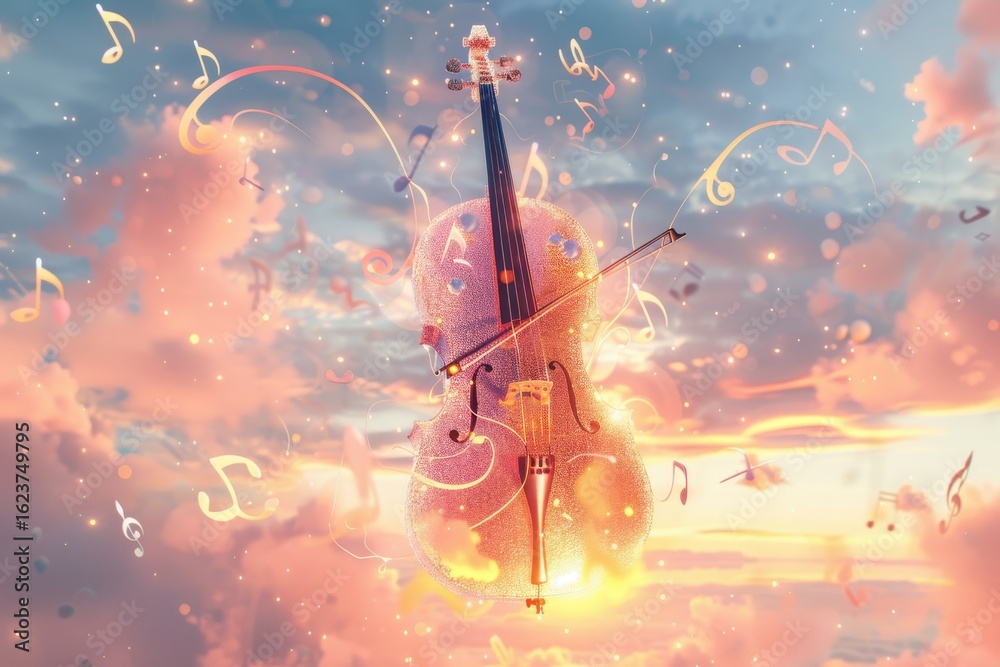 Fototapeta premium A magical violin glowing with light and surrounded by musical notes and clouds at sunset, evoking a sense of wonder and enchantment