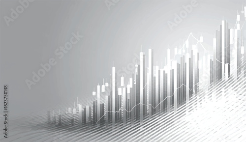 Abstract financial chart with uptrend line graph and candlestick pattern in white and grey depicting stock market performance analysis and investment growth