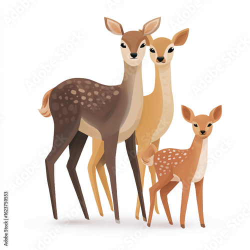 Adorable Deer Family Illustration Featuring a Mother Doe a Young Buck and a Cute Fawn on White Background