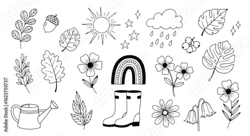 Cute handdrawn elements including stars, rainbow, cloud, heart, and sun isolated on white background doodle style icon set