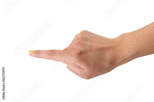Caucasian woman's hand with index finger pointed as if touching something