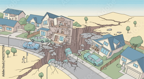 Bird’s-eye view of a massive earthquake fault line tearing through a suburban neighborhood, houses split in half, cars trapped in debris
