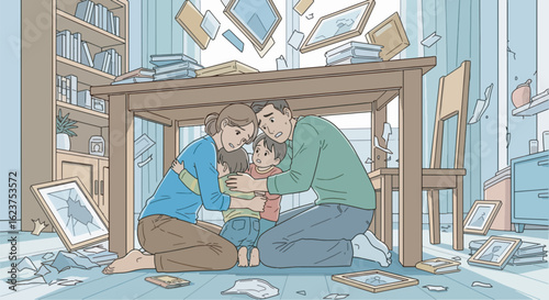 Family huddled together under a table as an earthquake hits their home, shelves falling, framed photos breaking