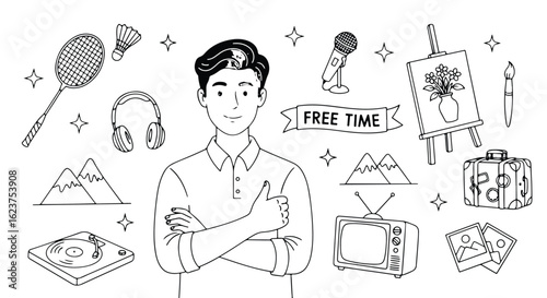 Illustration of a man giving a thumbsup gesture, conveying approval and positivity, isolated on white background doodle style icon set
