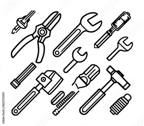 Black and White Line Art Illustration of Hand Tools for Home Improvement and Repair Projects a Variety of Essential Equipment