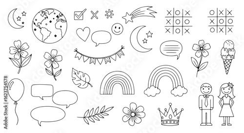 Collection of cute weather and celestial elements like rainbow and clouds isolated on white background doodle style icon set