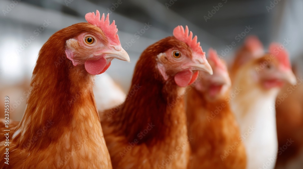 Fototapeta premium A close-up image of brown hens in a farm setting. These chickens are healthy and lively. They represent sustainable agriculture and organic farming. 