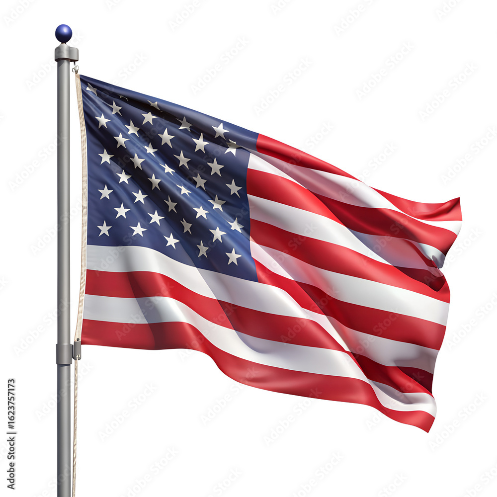 Fototapeta premium American flag waving on a flagpole isolated on transparent background