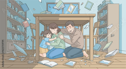 Family huddled together under a table as an earthquake hits their home, shelves falling, framed photos breaking