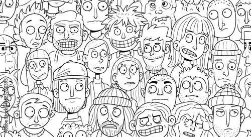 A diverse group of cartoon characters with various expressions, illustrating individuality within a crowd, isolated on white background doodle style icon set