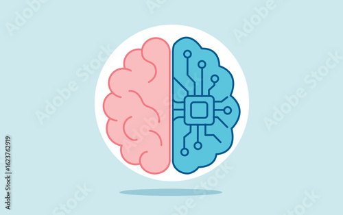 Ilustración vectorial mente dividida en dos mitades: una orgánica y otra con microchips y circuitos digitales. Tecnología, neurociencia y educación moderna.