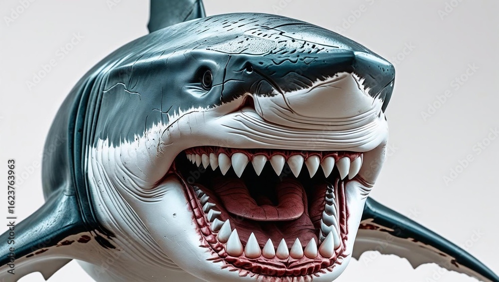 Naklejka premium Great white shark with mouth wide open and sharp bloody teeth, isolated on a white background.