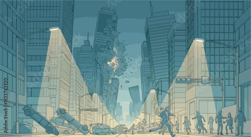 A powerful earthquake striking a modern city at night, skyscrapers shaking, street lights flickering, cars crashing, and people running in panic