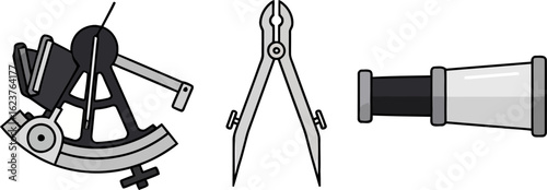 Nautical Navigation Tools Illustration Featuring a Sextant Dividers and Telescope for Maritime Travel and Exploration