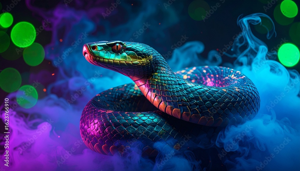 Fototapeta premium The serpent glides in mist, body lit with vibrant gradients.