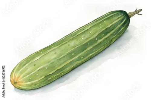 A single long green ribbed gourd on a white background