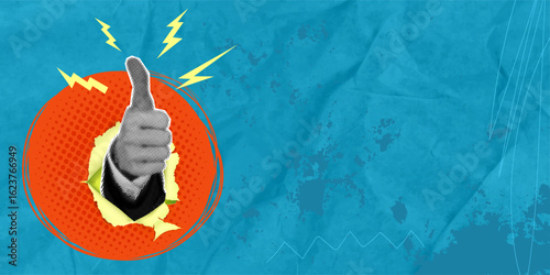 Trendy halftone collage in pop art style. Male hand showing thumb up on blue background. Positive gesture with lightning. Modern magazine style design. Contemporary art.
