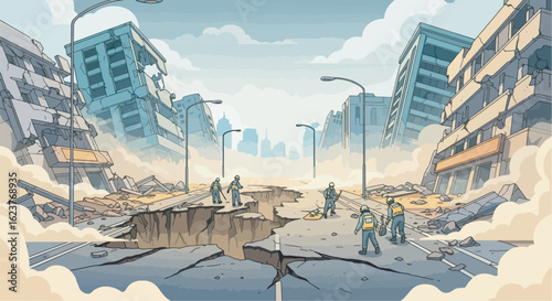 Post-apocalyptic scene after a devastating earthquake, collapsed buildings, cracked roads, dust in the air, rescue teams searching for survivors