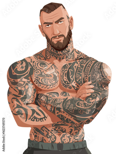Tattooed man with muscular build posing confidently in a neutral setting, showcasing intricate body art and strong physique