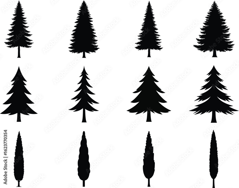 Fototapeta premium A collection of twelve different tree silhouettes, showcasing various shapes and sizes against a white background.