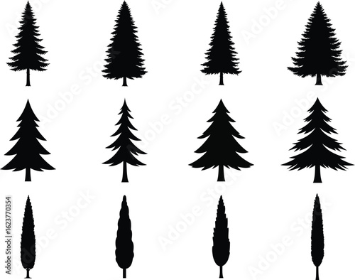A collection of twelve different tree silhouettes, showcasing various shapes and sizes against a white background.