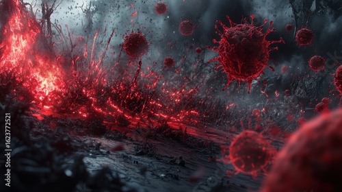 A conceptual image depicting the battle beyween HIV and the immune system with glowing accents