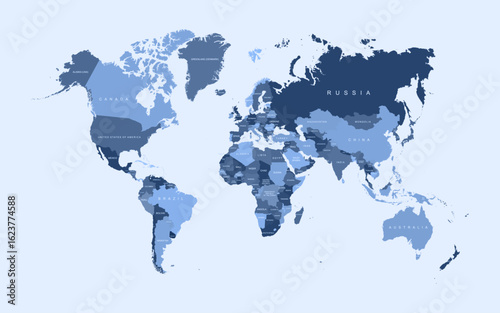 World map vector aesthetic color states border geography continent global business travel flat graphic earth globe planet worldwide vector illustration country name text