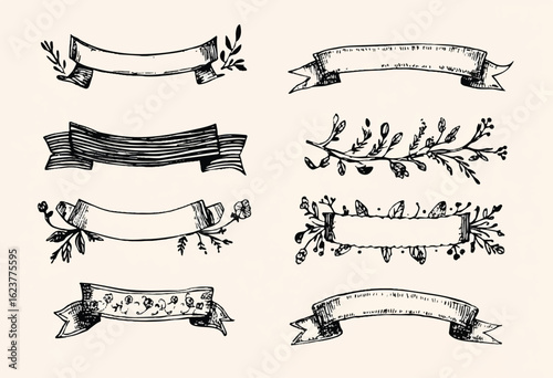 Hand Drawn Banner Collection with Floral and Ornamental Design Elements for Invitations and Creative Projects with Vintage Flair