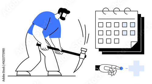 Person swinging pickaxe beside calendar, robotic hand interactively tapping, symbolizing human labor, time management, and technology integration. Ideal for teamwork, scheduling, AI, innovation