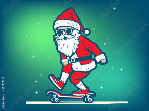 Christmas greeting card with stylish skater wearing Santa Claus costume. Christmas holiday flyer with Santa hipster in sunglasses. Festive Poster with Santa. Cool Christmas Santa Claus Illustration