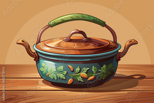 vector of Cast iron pot with beautiful handle on wooden table on light background.